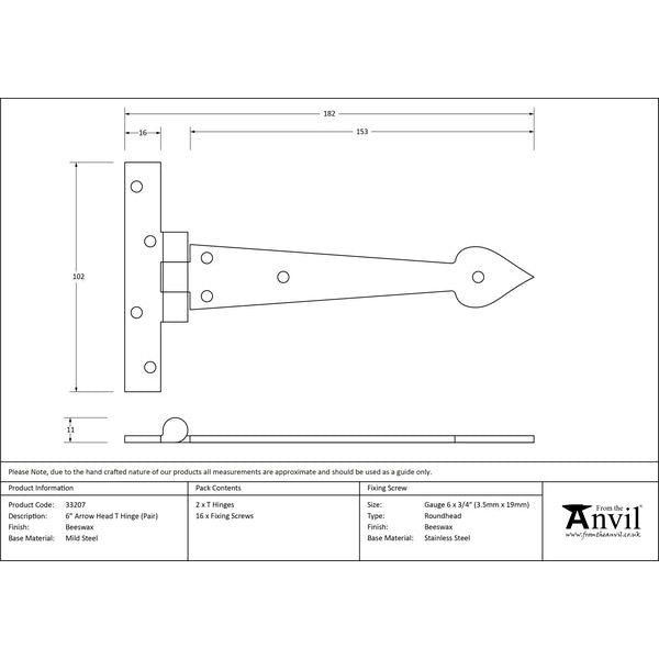 From The Anvil - 6" Arrow Head T Hinge (pair) - Beeswax - 33207