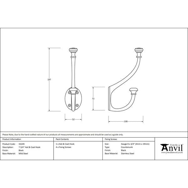 From The Anvil - 7 3/4" Hat & Coat Hook - Black - 33249