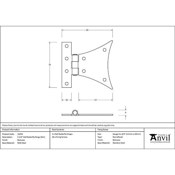 From The Anvil - Beeswax 3¼" Half Butterfly Hinge (pair) - 33259