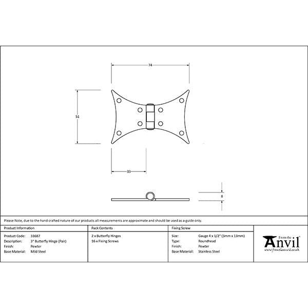 From The Anvil - Pewter 3" Butterfly Hinge (pair) - 33687