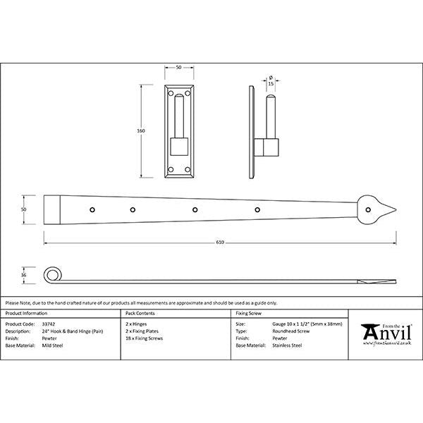 From The Anvil - Pewter 24" Hook & Band Hinge (pair) - 33742