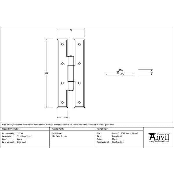 From The Anvil - Black 7" H Hinge (pair) - 33756