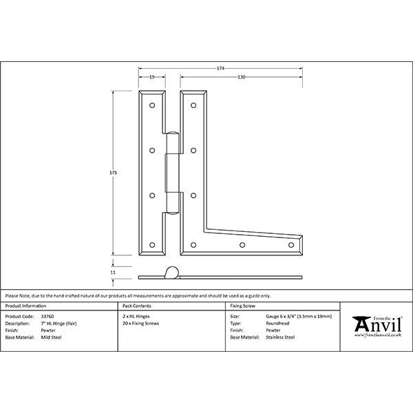 From The Anvil - Pewter 7" HL Hinge (pair) - 33760