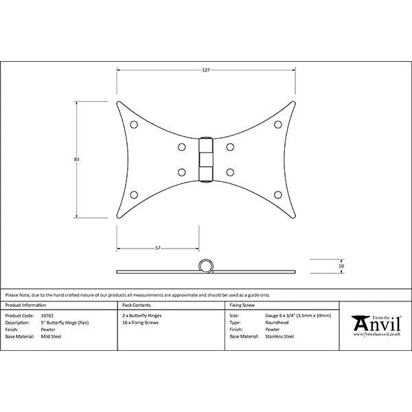 From The Anvil - Pewter 5" Butterfly Hinge (pair) - 33761