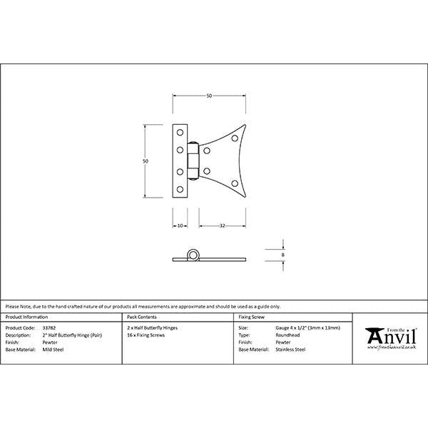 From The Anvil - Pewter 2" Half Butterfly Hinge (pair) - 33782