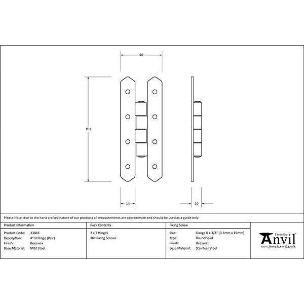 From The Anvil - Beeswax 4" H Hinge (pair) - 33845