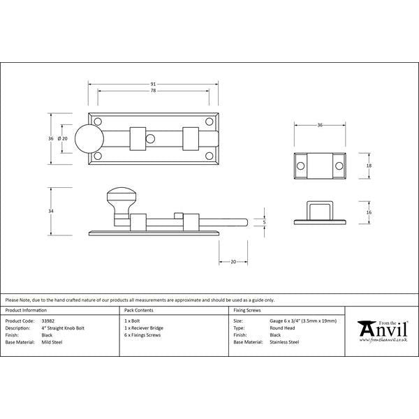 From The Anvil - 4" Straight Knob Bolt - Black - 33982