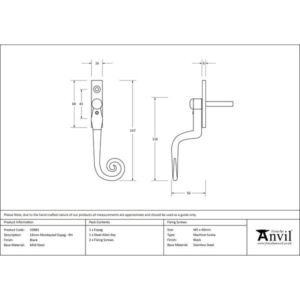 From The Anvil - 16mm Monkeytail Espag - RH - Black - 33983