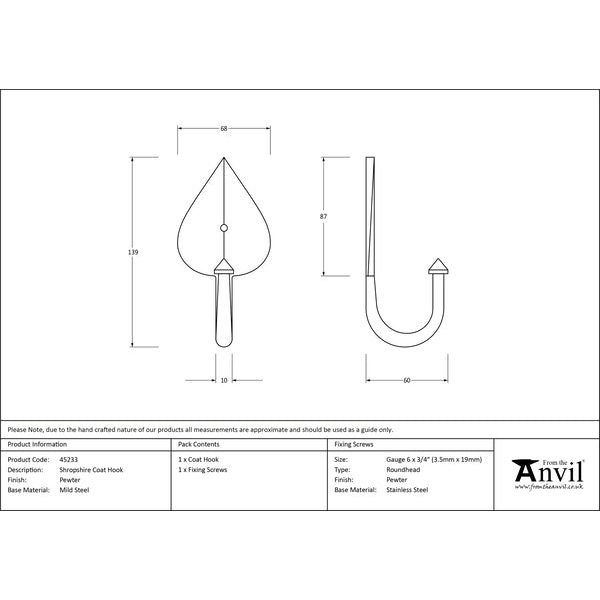 From The Anvil - Shropshire Coat Hook - Pewter Patina - 45233