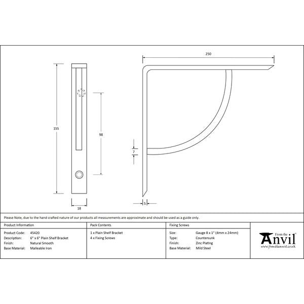 From The Anvil - Natural Smooth 6'' x 6'' Plain Shelf Bracket - 45420