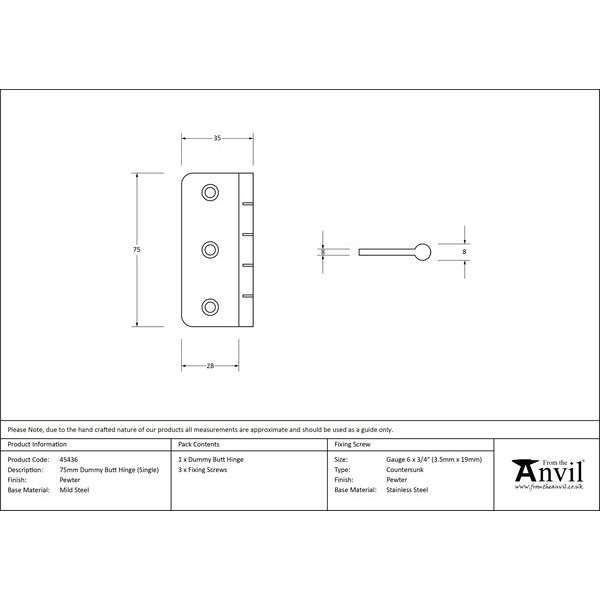 From The Anvil - 3" Dummy Butt Hinge (Single) - Pewter Patina - 45436