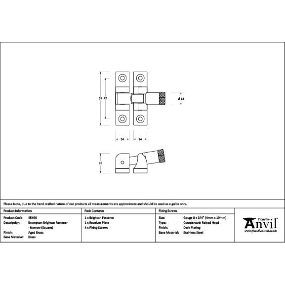 From The Anvil - Aged Brass Brompton Brighton Fastener - Narrow (Square) - 45490