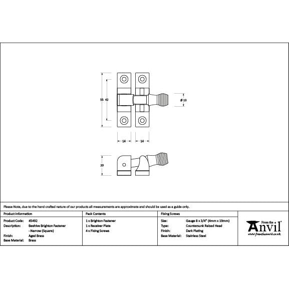 From The Anvil - Aged Brass Beehive Brighton Fastener - Narrow (Square) - 45492