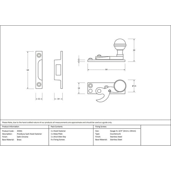 From The Anvil - Prestbury Sash Hook Fastener - Satin Chrome - 45941