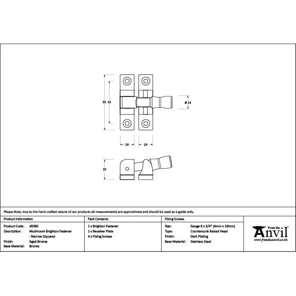 From The Anvil - Aged Bronze Mushroom Brighton Fastener - Narrow (Square) - 45980