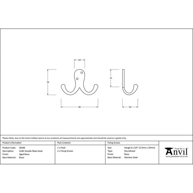 From The Anvil - Celtic Double Robe Hook - Aged Brass - 46296