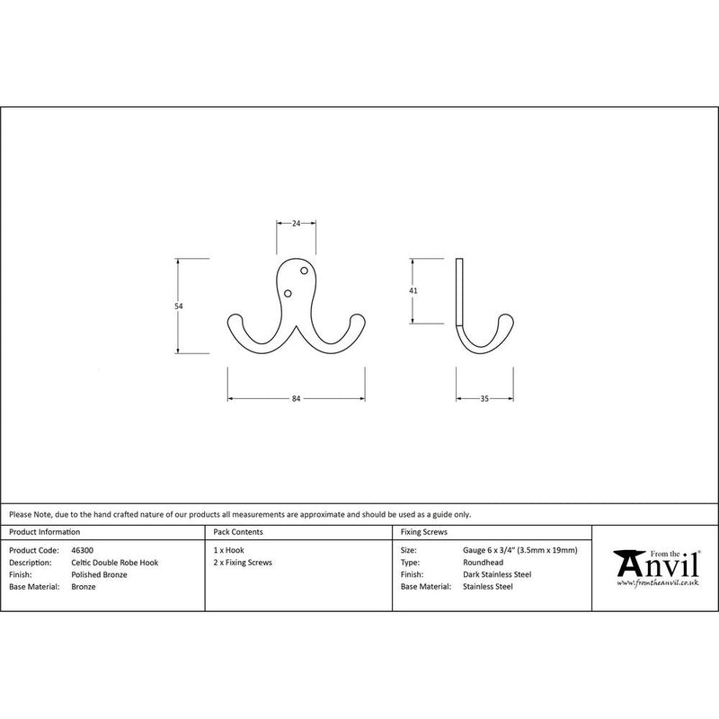 From The Anvil - Celtic Double Robe Hook - Polished Bronze - 46300