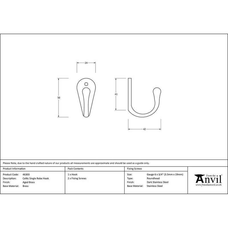 From The Anvil - Celtic Single Robe Hook - Aged Brass - 46303