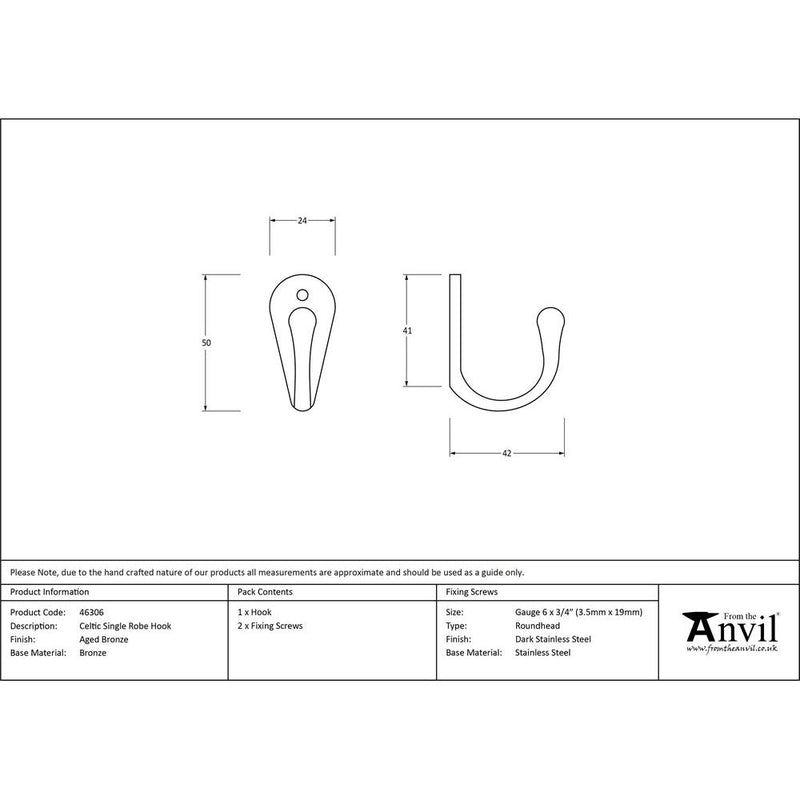 From The Anvil - Celtic Single Robe Hook - Aged Bronze - 46306