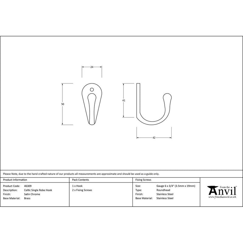 From The Anvil - Celtic Single Robe Hook - Satin Chrome - 46309