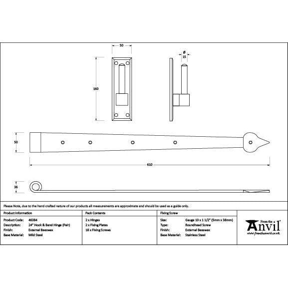 From The Anvil - External Beeswax 24" Hook & Band Hinge (pair) - 46384