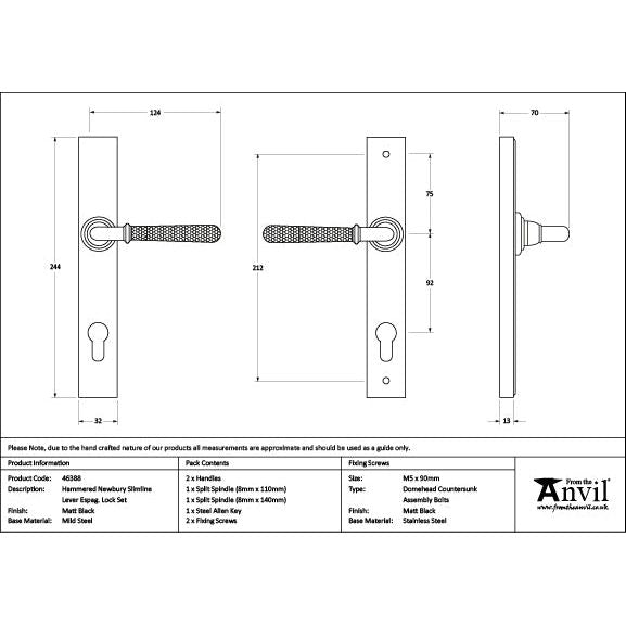 From The Anvil - Matt Black Hammered Newbury Slimline Espag. Lock Set - 46388