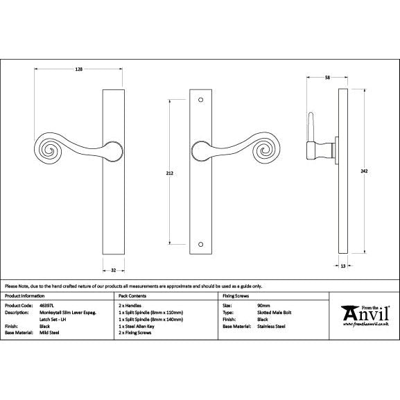 From The Anvil - Black Monkeytail Slimline Lever Espag. Latch Set - LH - Black  - 46397L