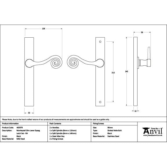 From The Anvil - Black Monkeytail Slimline Lever Espag. Latch Set - RH - Black  - 46397R