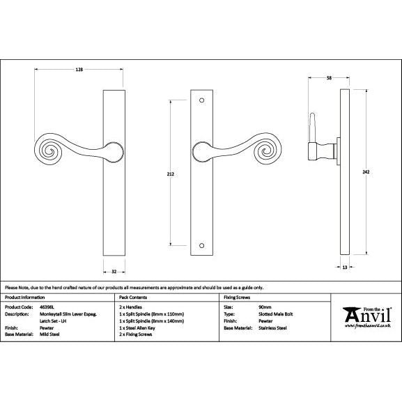 From The Anvil - Pewter Monkeytail Slimline Lever Espag. Latch Set - LH - Pewter Patina  - 46398L