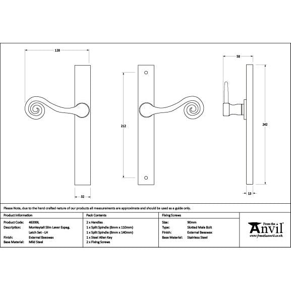 From The Anvil - External Beeswax Monkeytail Slimline Lever Espag. Latch Set -LH - External Beeswax  - 46399L