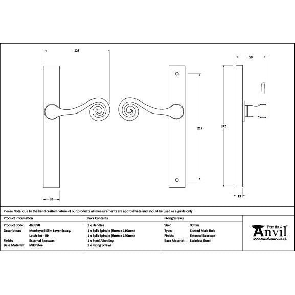 From The Anvil - External Beeswax Monkeytail Slimline Lever Espag. Latch Set -RH - External Beeswax  - 46399R