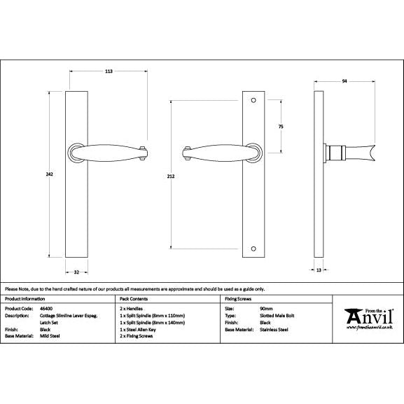 From The Anvil - Black Cottage Slimline Lever Espag. Latch Set - 46400