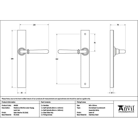 From The Anvil - Satin Marine SS (316) Newbury Slimline Lever Espag. Latch Set - 46406