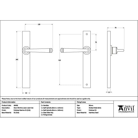 From The Anvil - Polished Marine SS (316) Avon Slimline Lever Espag. Latch Set - 46408