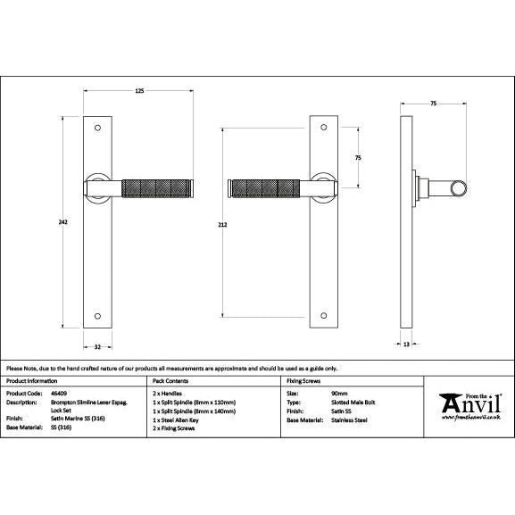 From The Anvil - Satin Marine SS (316) Brompton Slimline Lever Espag. Latch Set - 46409