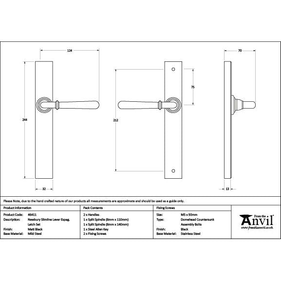 From The Anvil - Matt Black Newbury Slimline Lever Espag. Latch Set - 46411