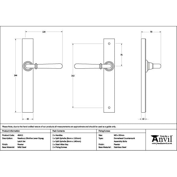 From The Anvil - Pewter Newbury Slimline Lever Espag. Latch Set - 46412