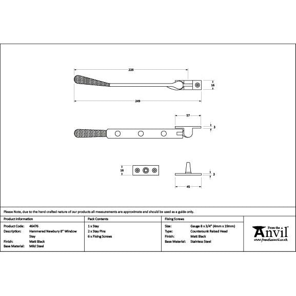 From The Anvil - Matt Black 8" Hammered Newbury Stay - 46476