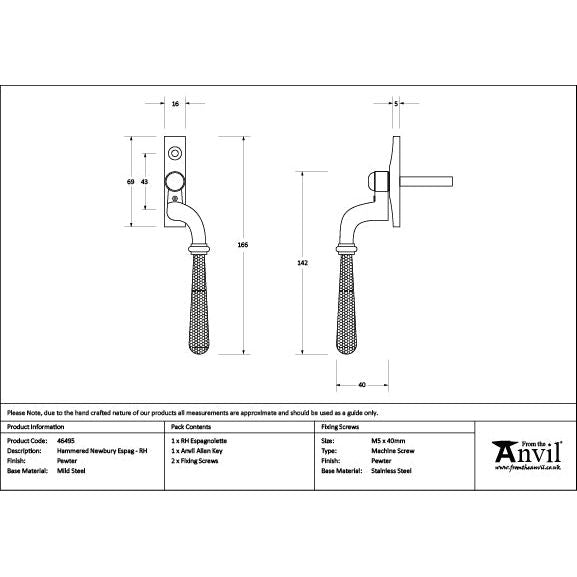 From The Anvil - Pewter Hammered Newbury Espag - RH - 46495