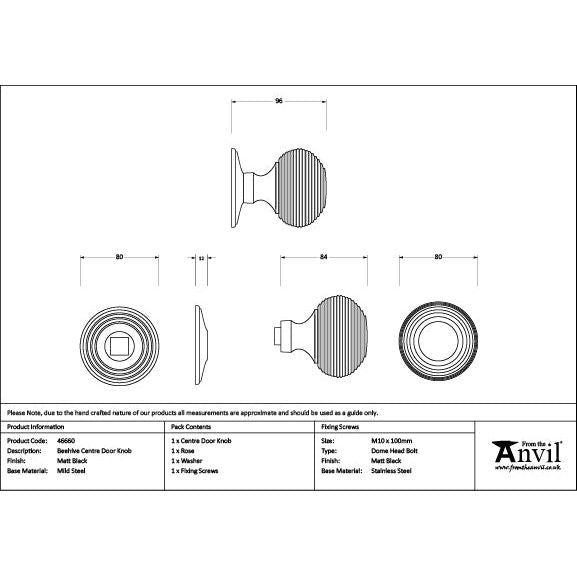 From The Anvil - Matt Black Beehive Centre Door Knob - 46660