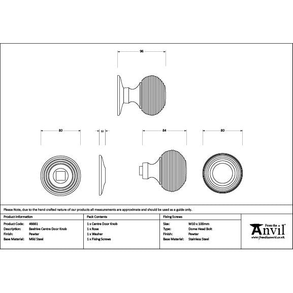 From The Anvil - Pewter Beehive Centre Door Knob - 46661