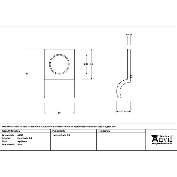 From The Anvil - Aged Brass Rim Cylinder Pull - 46697