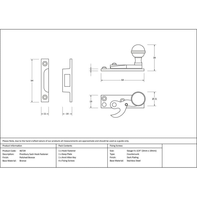 From The Anvil - Prestbury Sash Hook Fastener - Polished Bronze - 46729