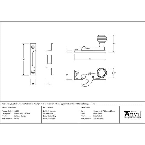 From The Anvil - Polished Bronze Beehive Sash Hook Fastener - 46732