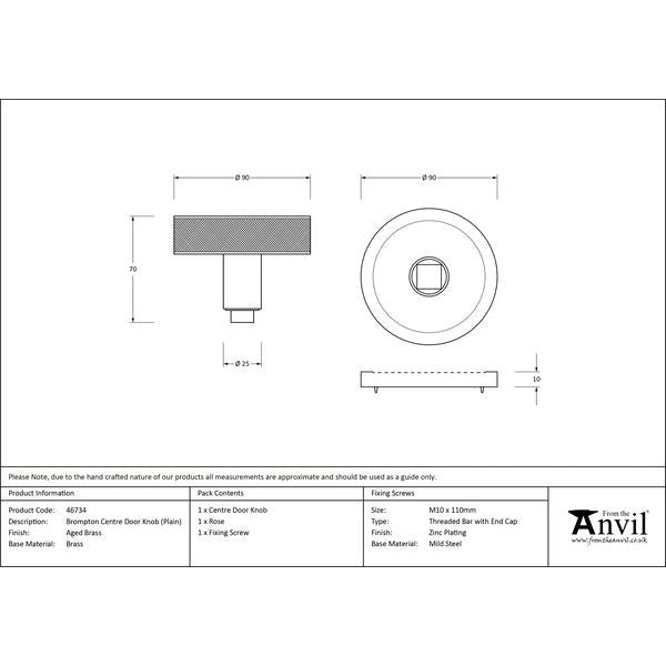 From The Anvil - Aged Brass Brompton Centre Door Knob (Plain) - 46734