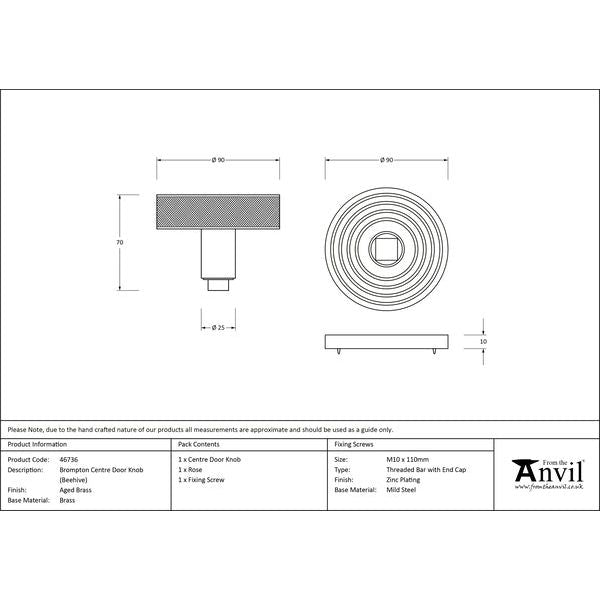 From The Anvil - Aged Brass Brompton Centre Door Knob (Beehive) - 46736