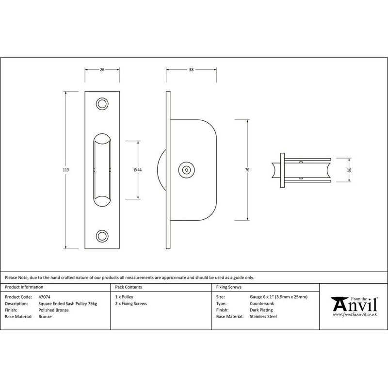 From The Anvil - Square Ended Sash Pulley 75kg - Aged Bronze - 47074