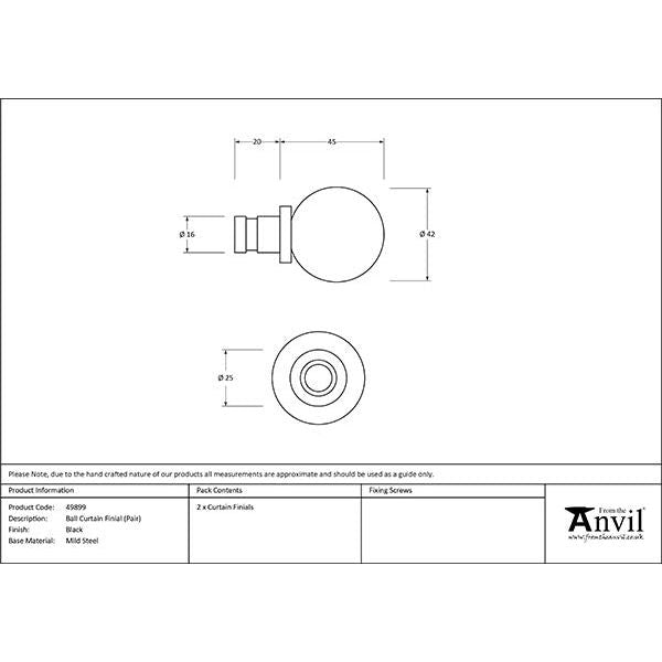 From The Anvil - Black Ball Curtain Finial (pair) - Black  - 49899