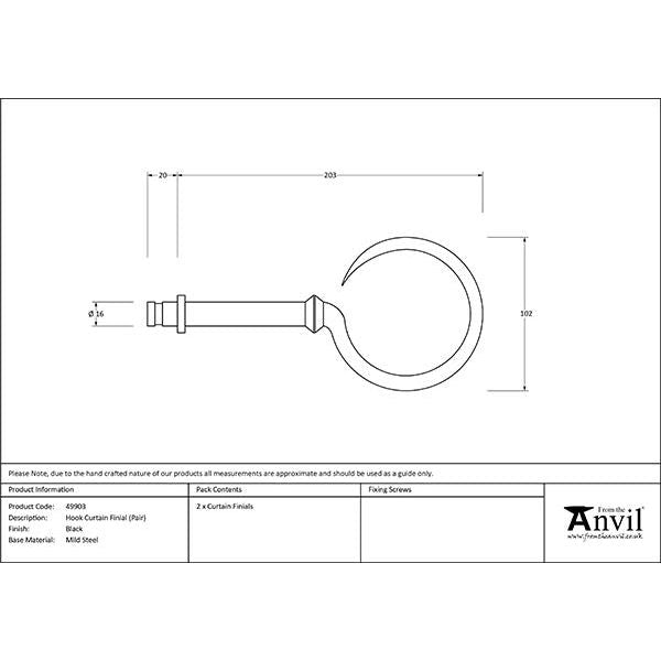 From The Anvil - Black Hook Curtain Finial (pair) - Black  - 49903