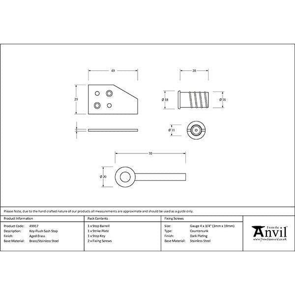 From The Anvil - Aged Brass Key-Flush Sash Stop - Aged Brass  - 49917